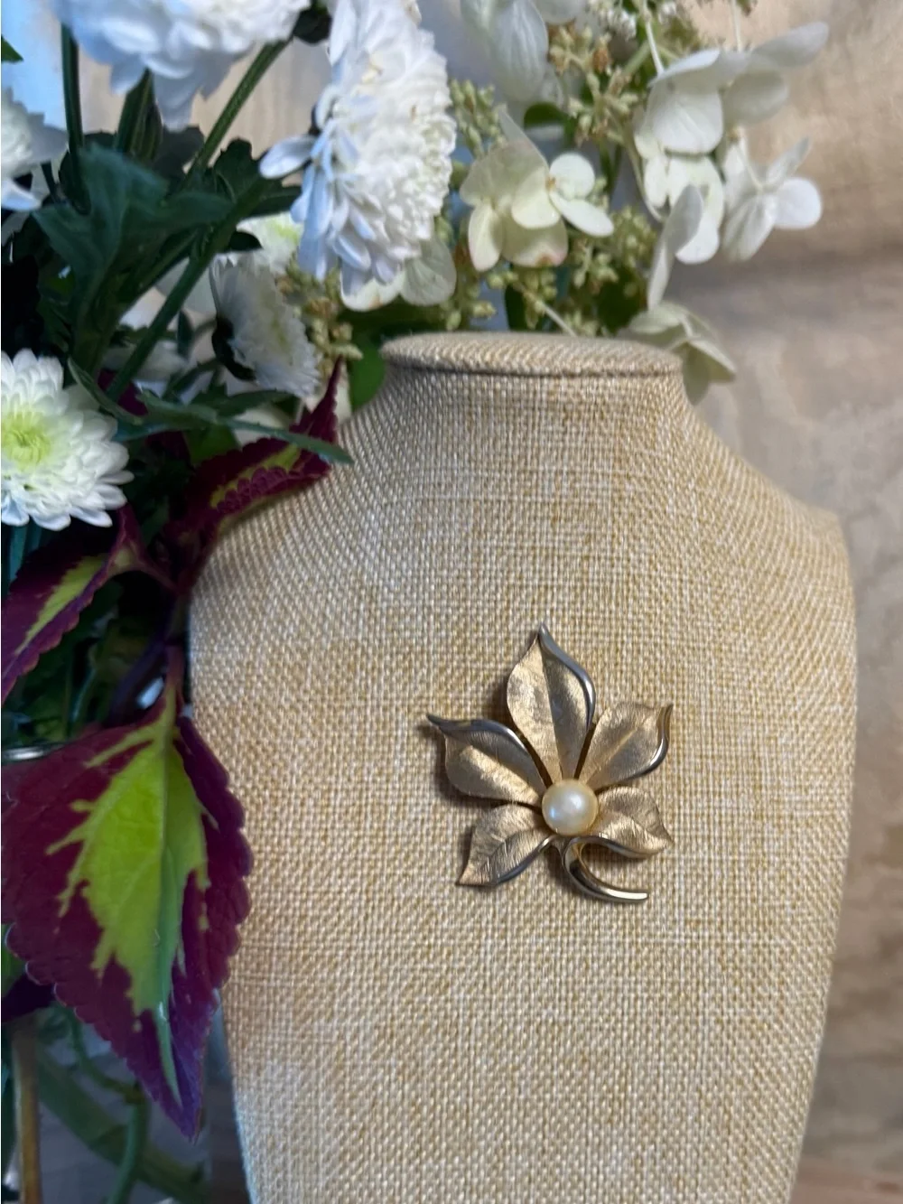 Vintage signed Crown Trifari Brushed Gold-tone Faux Pearl Flower Leaf Brooch Pin